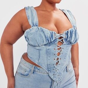 PRETTYLITTLETHING plus vintage bleach wash ruched bust detail denim lace up